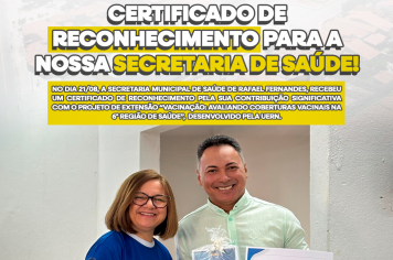 Certificado de Reconhecimento para a Secretaria Municipal de Saúde!