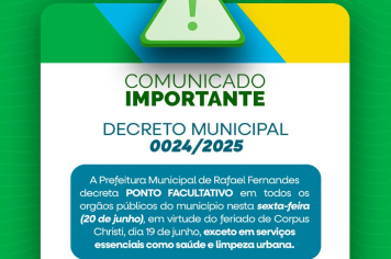 Prefeitura decreta ponto facultativo nesta sexta-feira (20), exceto para os serviços essenciais como Saúde e Limpeza Urbana 
