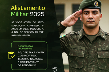 Se você, jovem do sexo masculino que completa 18 anos em 2025, ou já completou e não se alistou até 30 de junho, procure a Junta de Serviço Militar para regulamentar a sua situação.