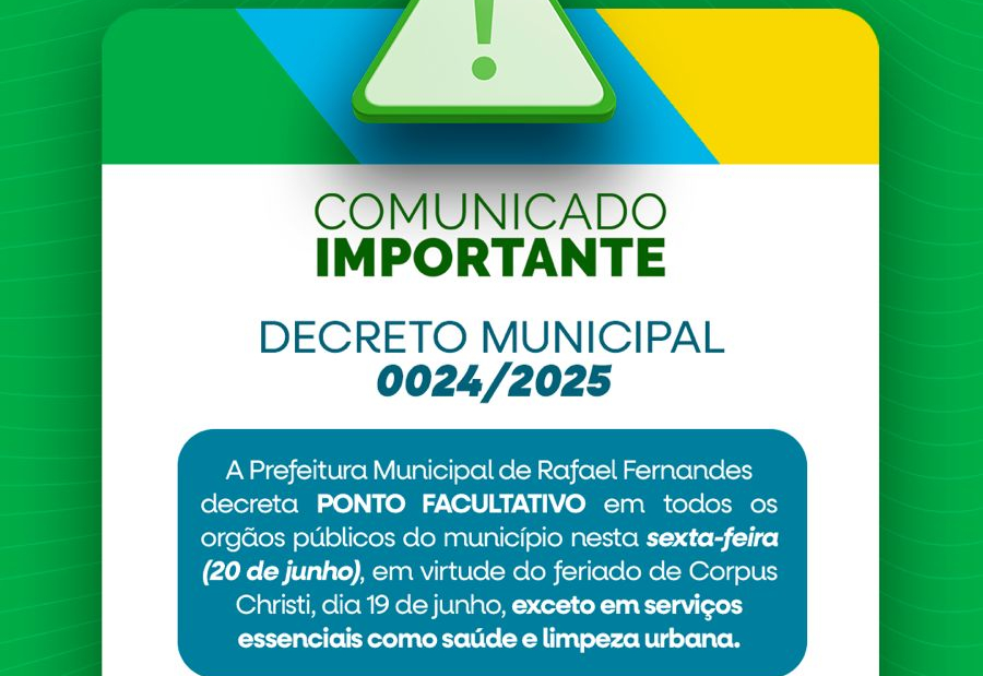 Prefeitura decreta ponto facultativo nesta sexta-feira (20), exceto para os serviços essenciais como Saúde e Limpeza Urbana 
